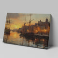 Framed canvas print of a sunset over a historic harbour with vintage ships