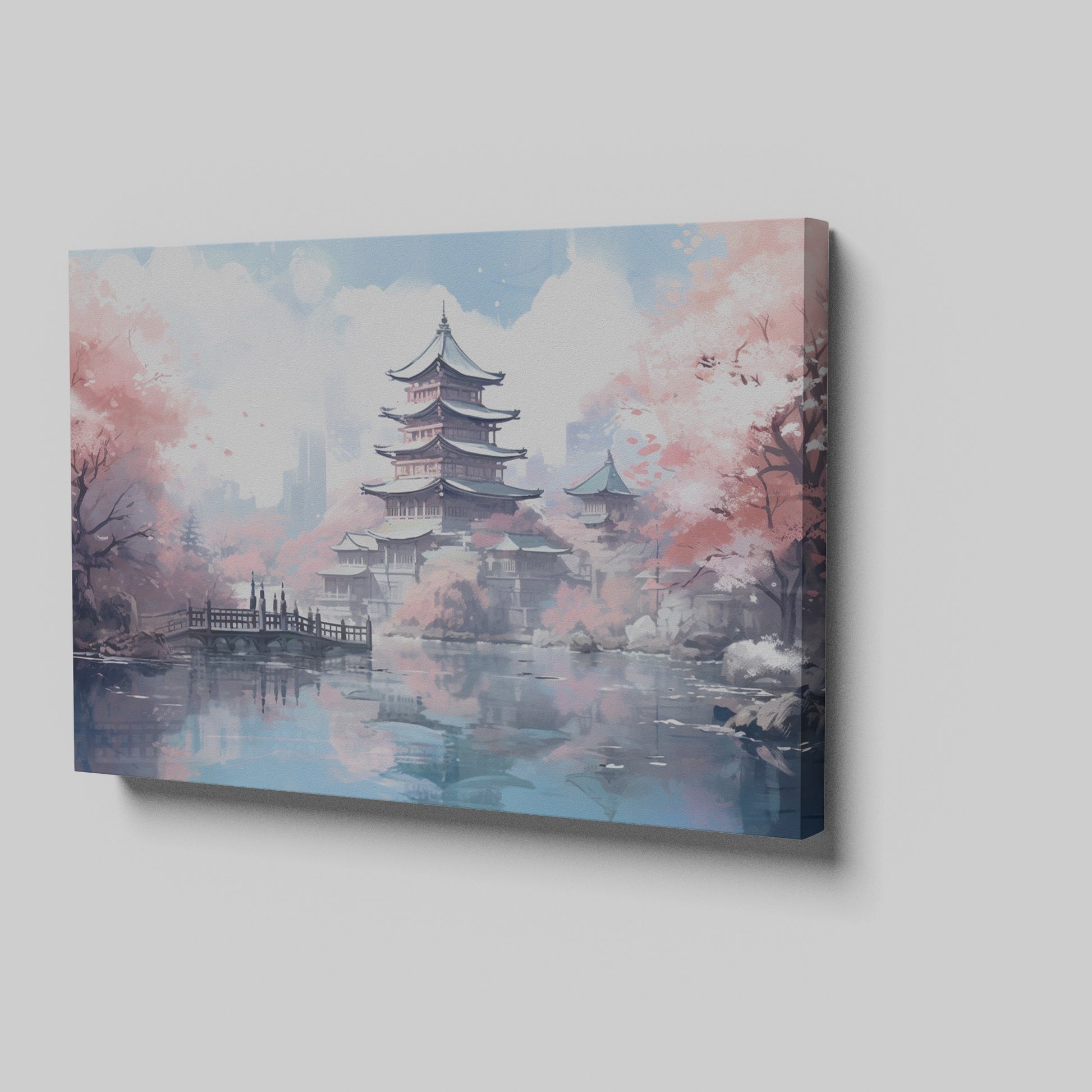 Framed canvas print of a Japanese pagoda surrounded by cherry blossoms and reflected in a tranquil pond