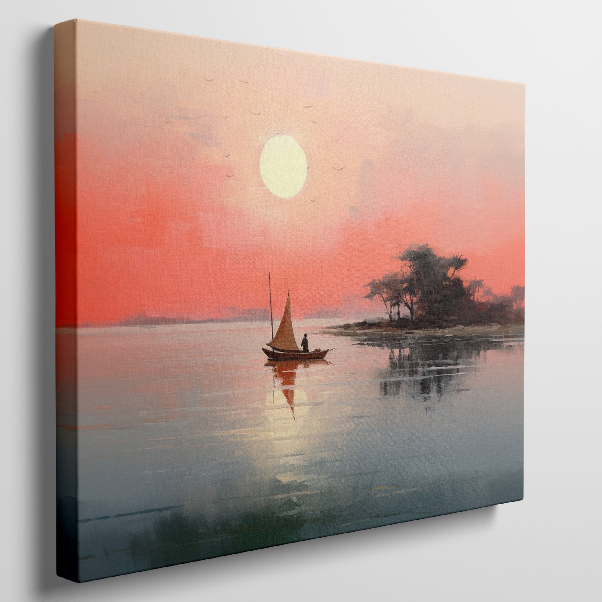 Framed canvas print of a sailboat on calm waters with sunrise and warm hues