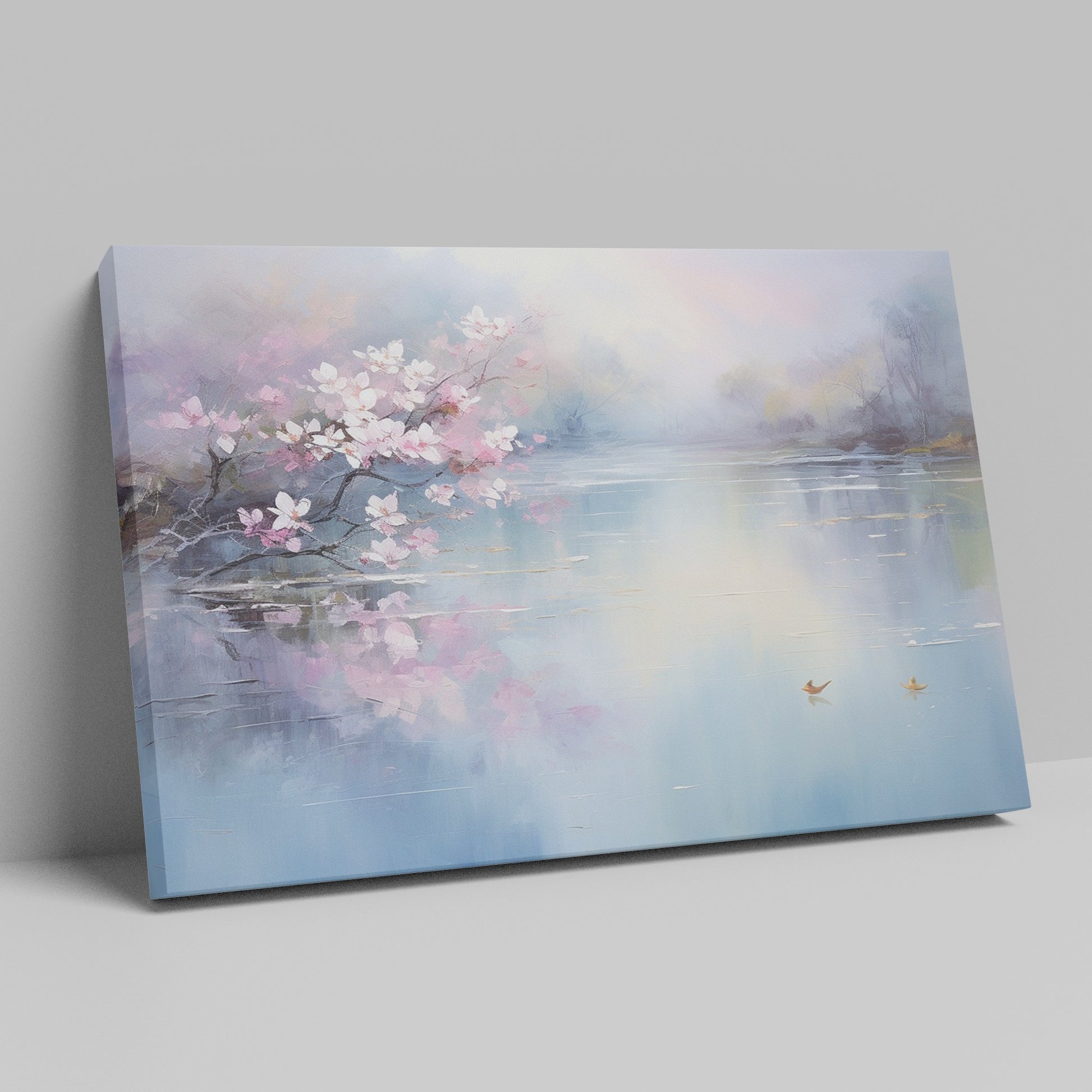 Framed canvas print of cherry blossoms over a tranquil lake with soft pastel colours and a pair of ducks