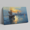 Impressionist Canvas Print of a Sailing Ship at Sunset with Golden and Blue Hues