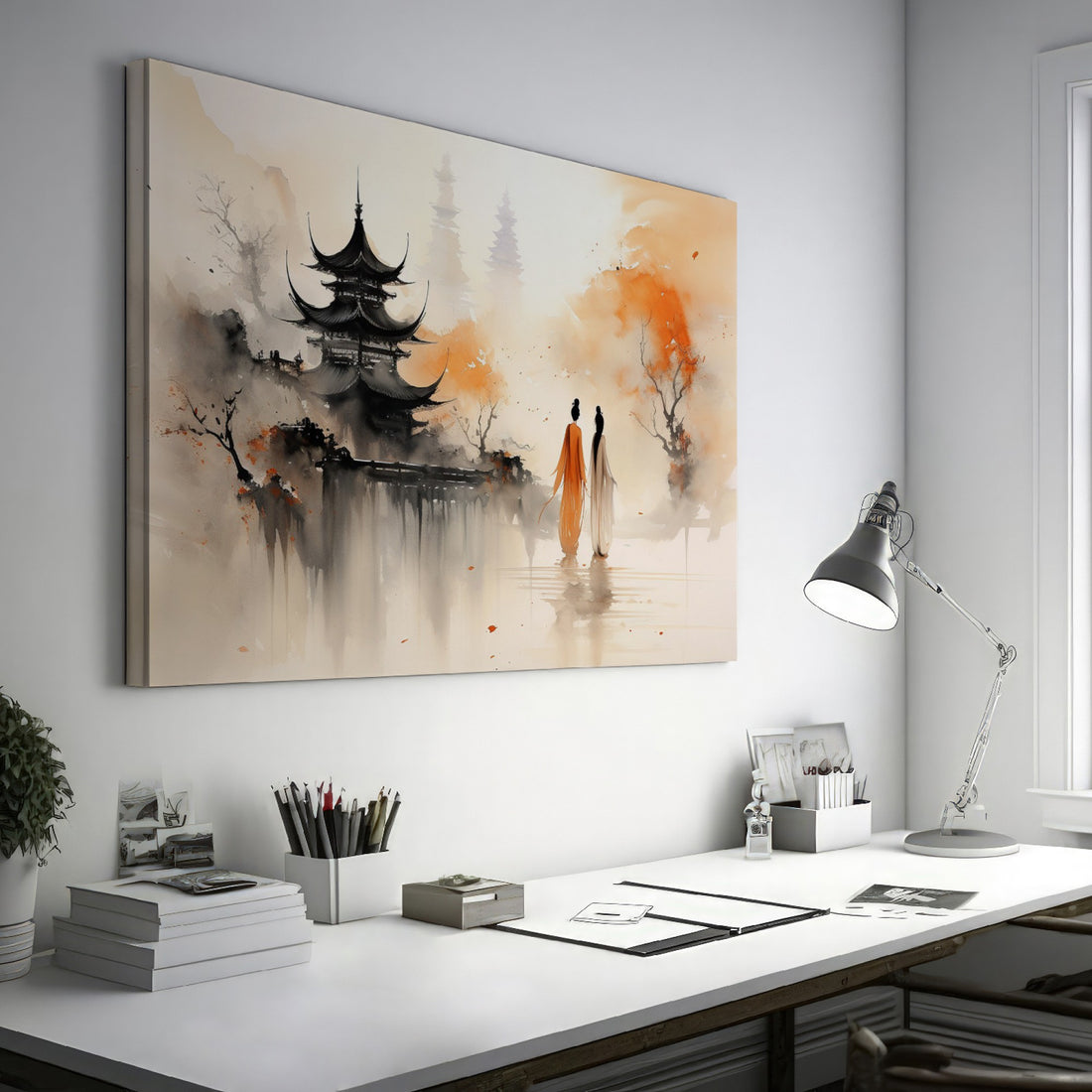 Framed canvas print of Oriental pagoda and autumn reflection with silhouetted figures in mist