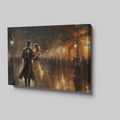 Framed canvas print of a Victorian couple on a romantic evening stroll on a rainy Paris street with warm glowing lights