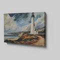 Framed canvas print of a lighthouse by the ocean with dramatic clouds and coastal cliffs