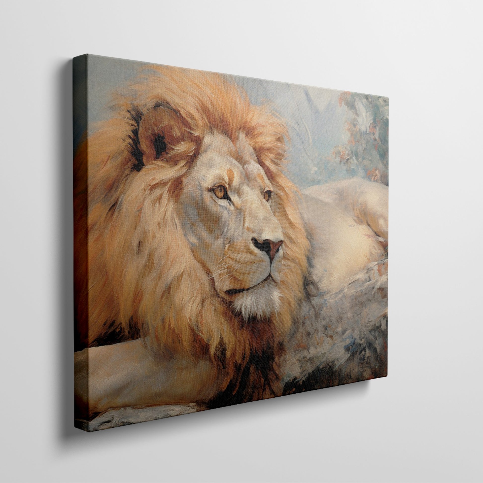 Framed canvas print of a realistic African lion resting, with warm colour tones and detailed texture