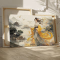 Framed canvas print of an elegant woman in traditional Oriental clothing with a landscape