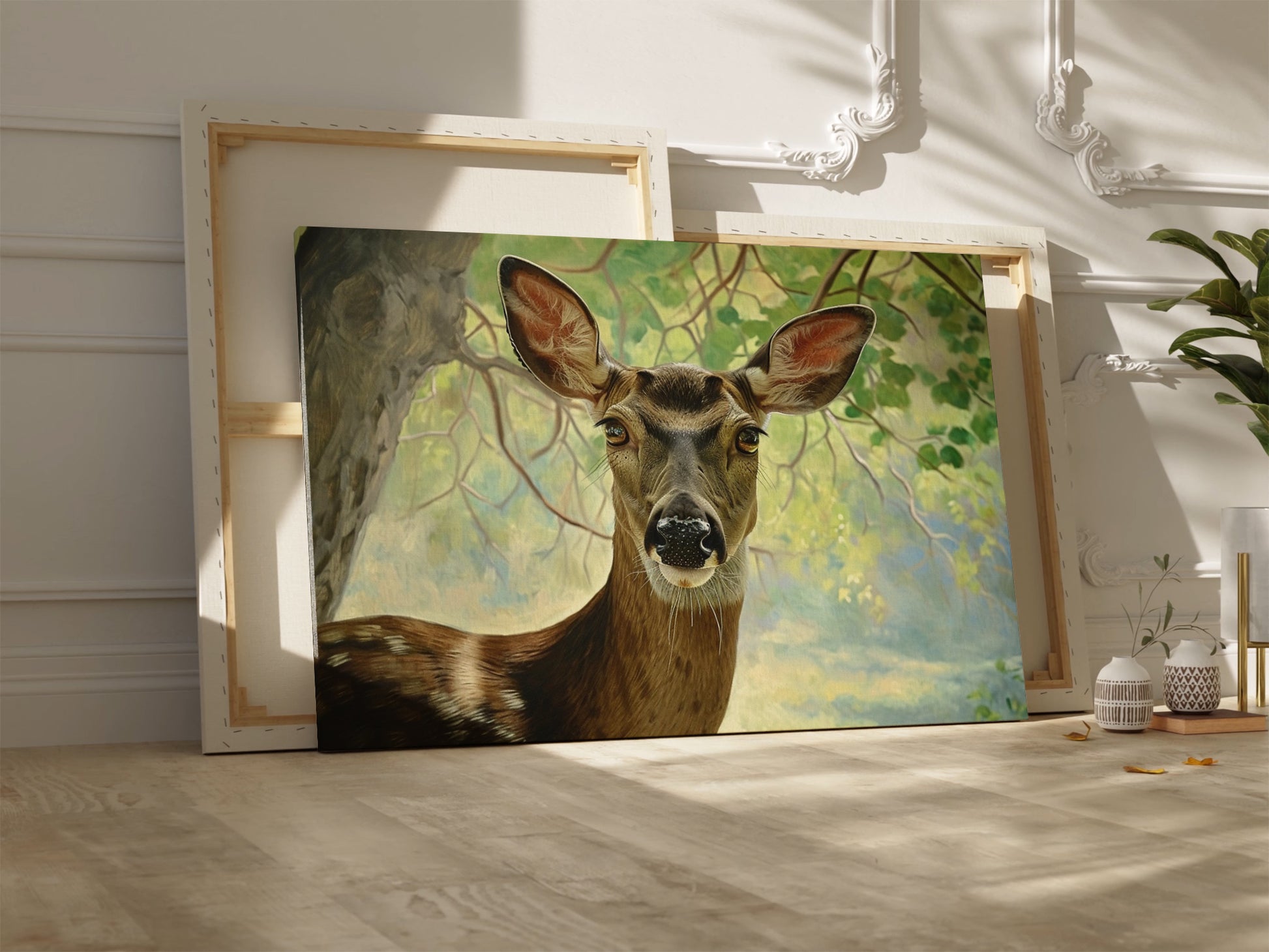 Framed canvas print of a detailed and serene deer portrait with a woodland backdrop in natural tones