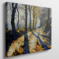 Framed canvas print of a sunlit forest pathway with golden tones and tree silhouettes