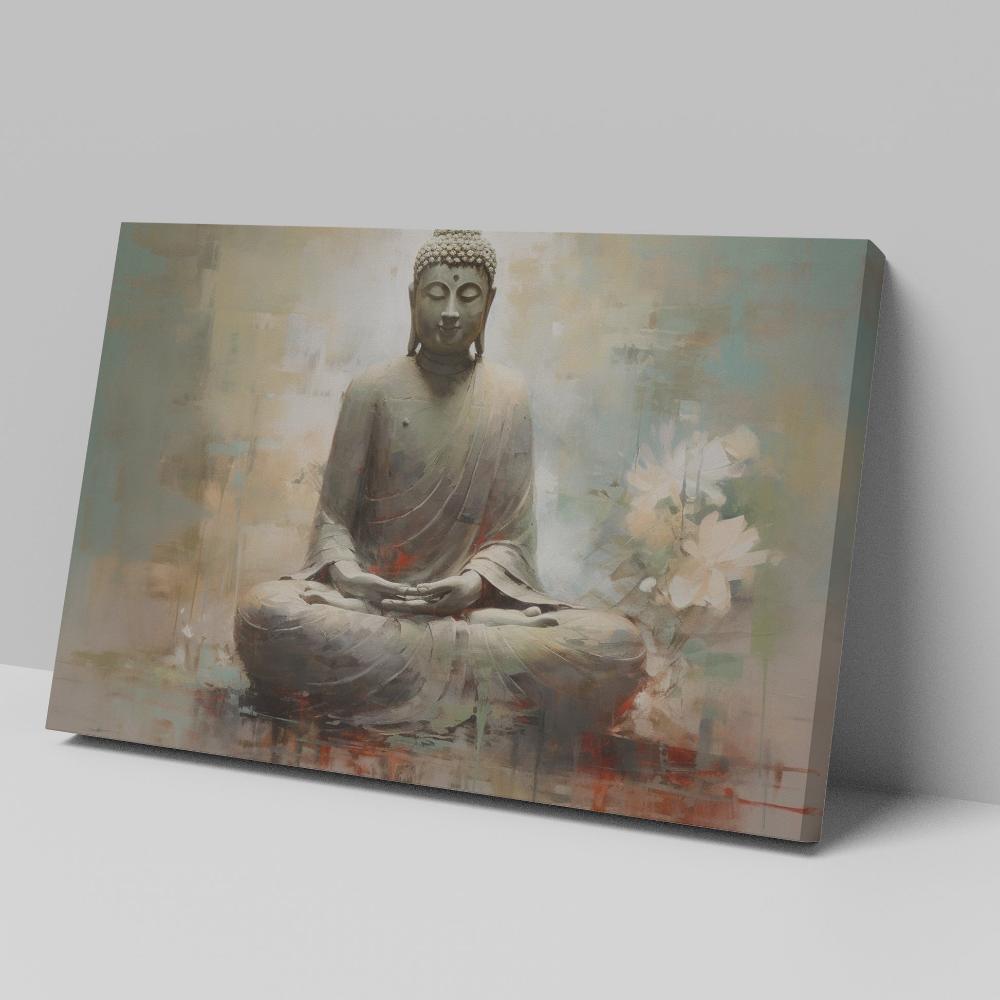 Framed canvas print of Buddha in meditation with abstract background and floral accents