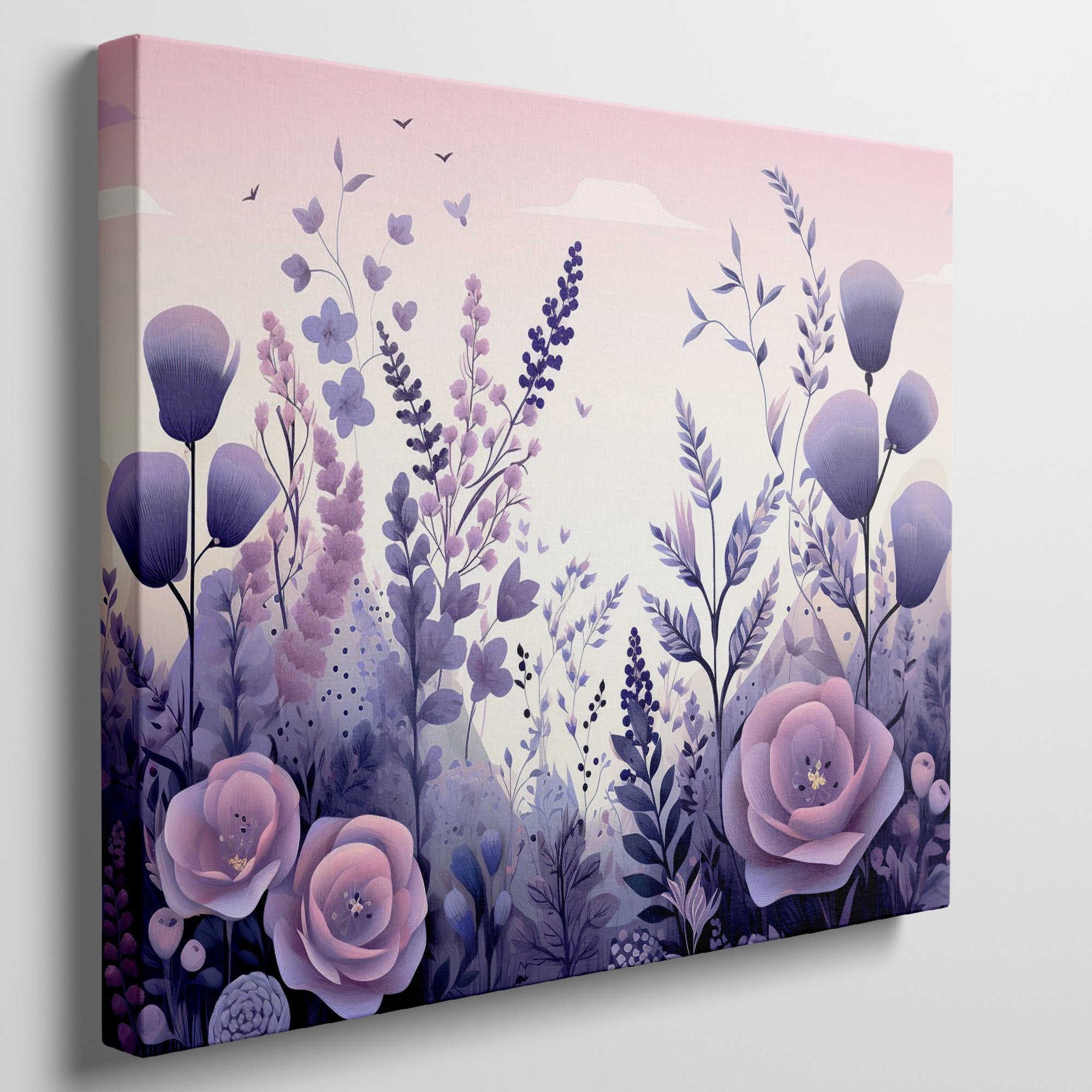 Framed canvas print of stylised floral meadow with pastel purple and pink tones