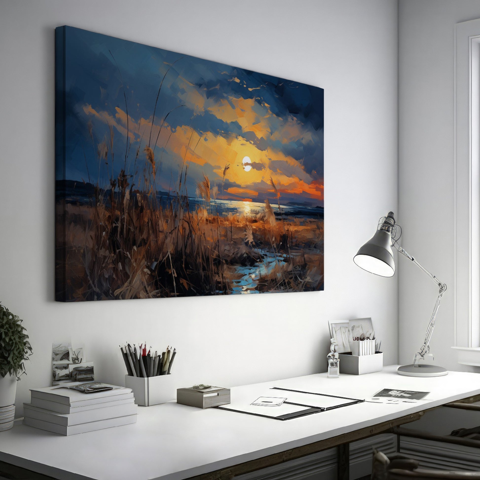 Framed canvas print of an impressionistic sunset over a coastal landscape with vibrant warm hues