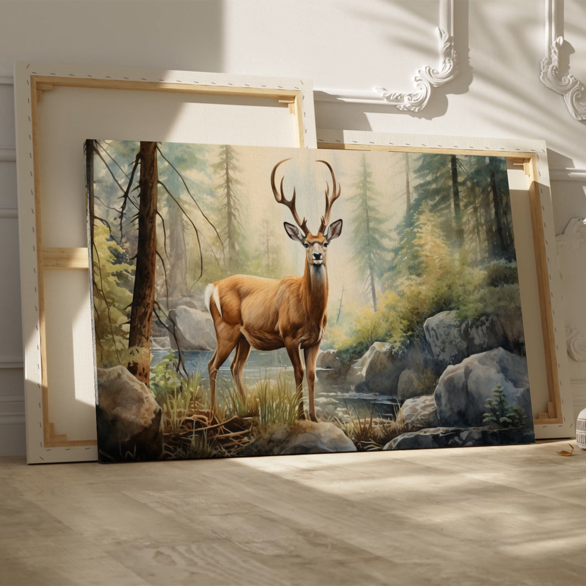 Framed canvas print of realistic deer in a forest with a stream and rocks