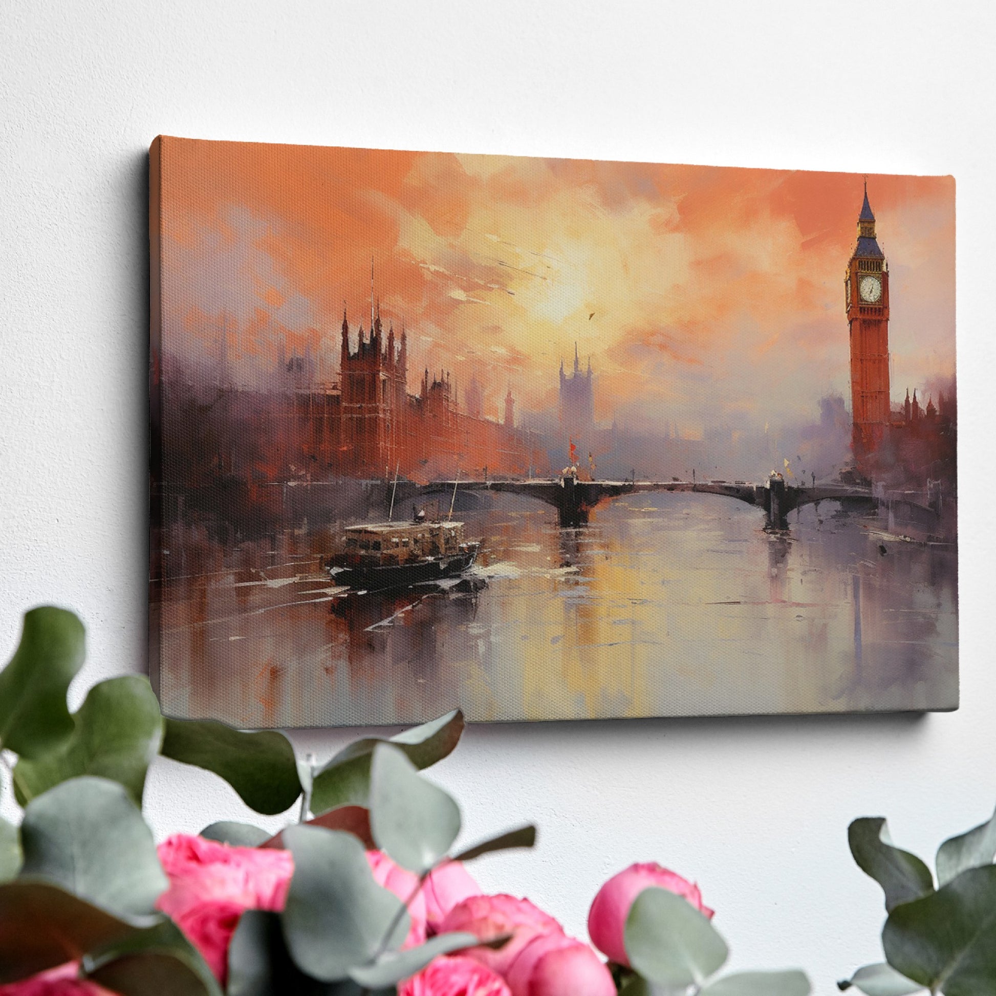 Framed canvas print of impressionist London skyline at sunset with Westminster Bridge and Thames River