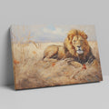 Framed canvas print of a realistic lion lying in the grass of the African savanna, with warm golden tones