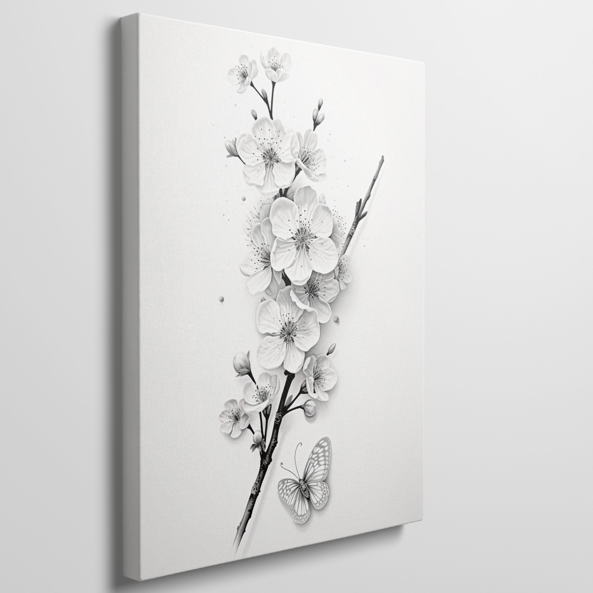 Framed canvas print of monochrome blossoms and a butterfly in a minimalist style