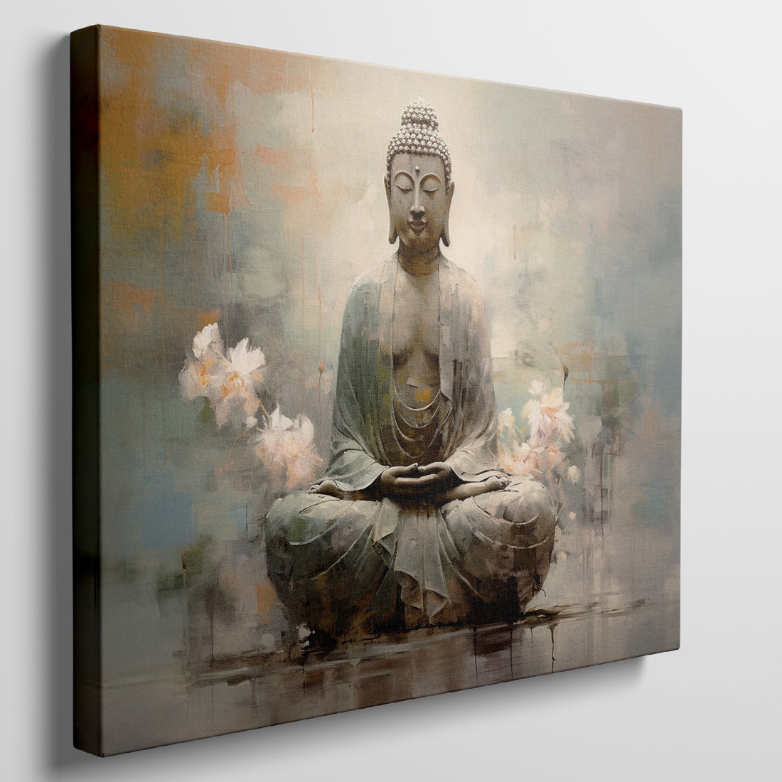 Framed canvas print of a meditative Buddha with abstract background and earth tones