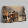 Framed canvas print of a vintage tram on snowy city street at twilight with glowing lamps