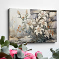 Framed canvas print of elegant white lilies with orange flowers against a rustic stone background, in watercolour style