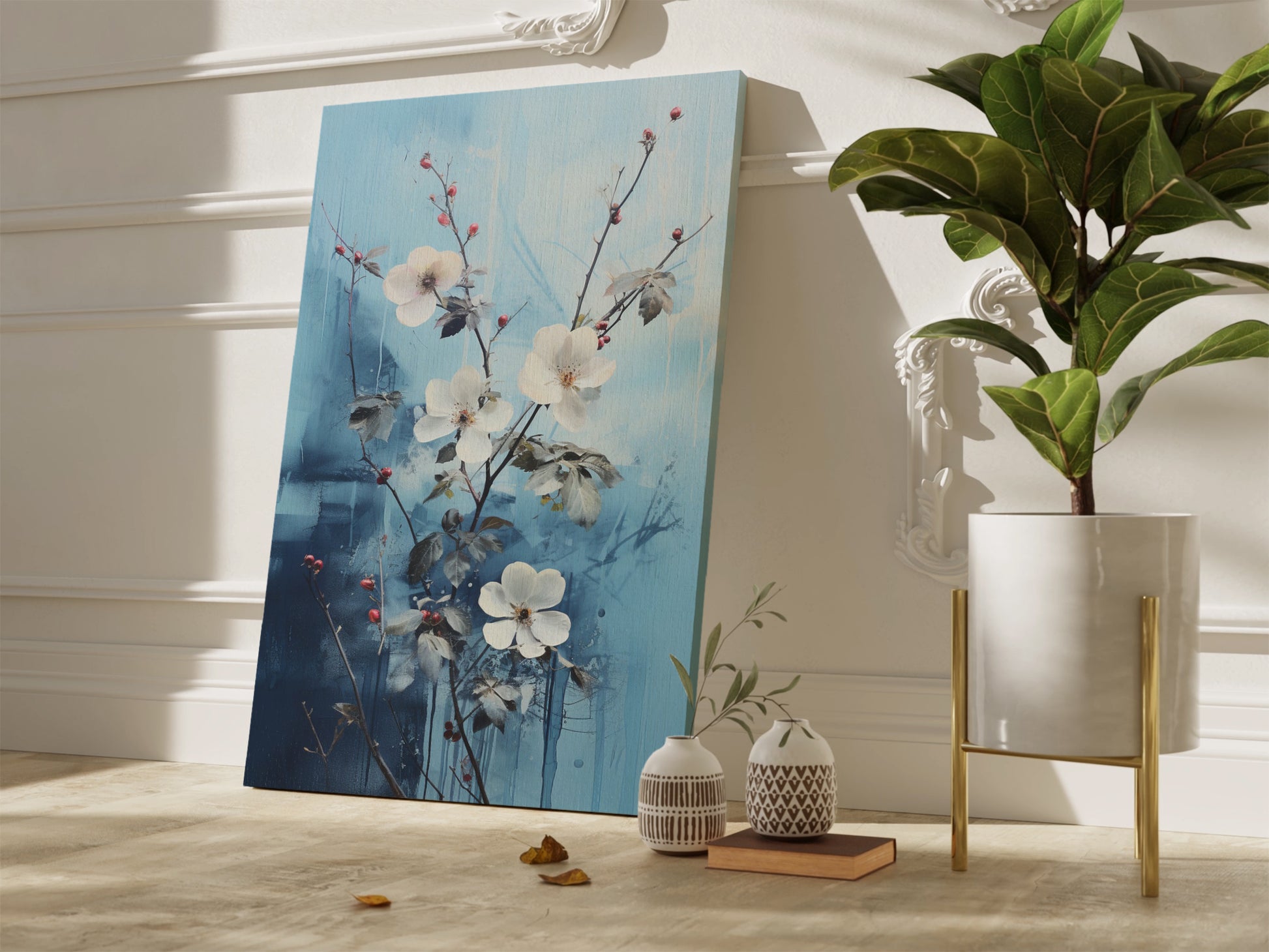 Framed canvas print of elegant flowers and berries against a blue abstract background