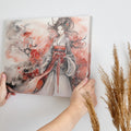 Framed canvas print of a traditional Japanese woman in ethereal watercolour style