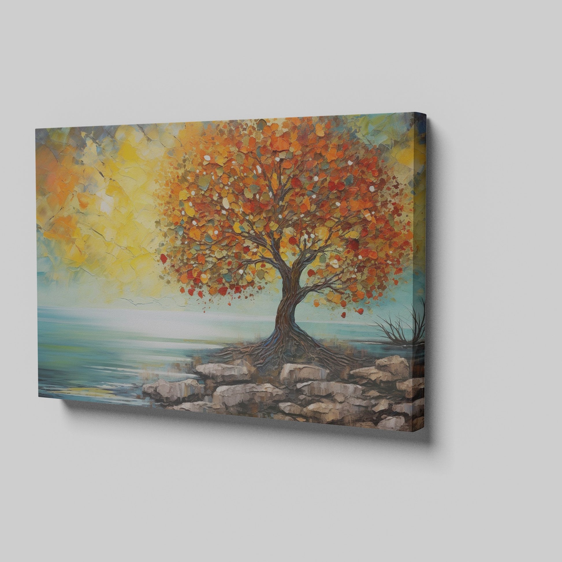 Impressionistic painting of a tree with golden autumn leaves by the coast on canvas