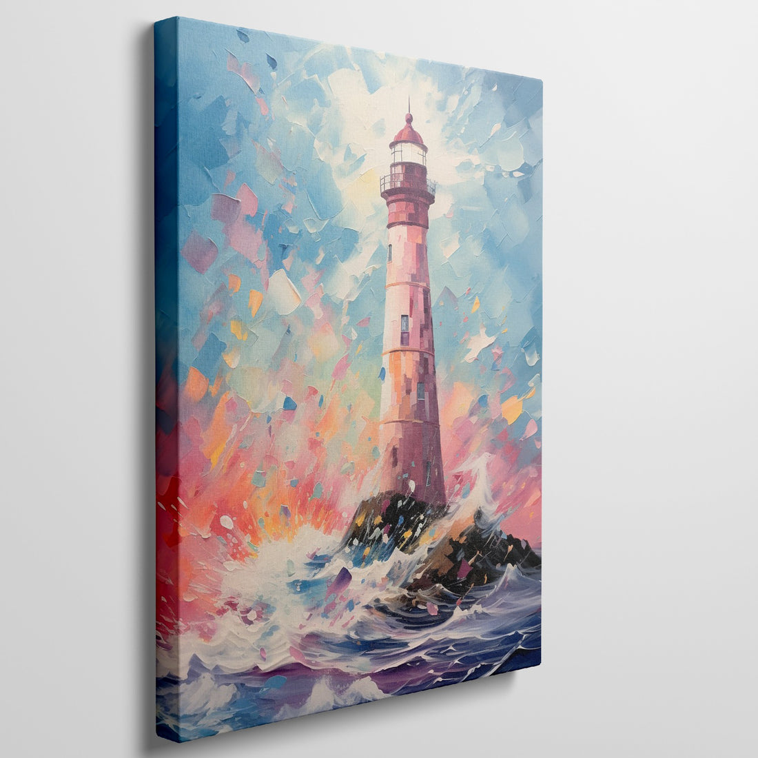 Framed canvas print of an abstract lighthouse and seascape with bold, vibrant colours