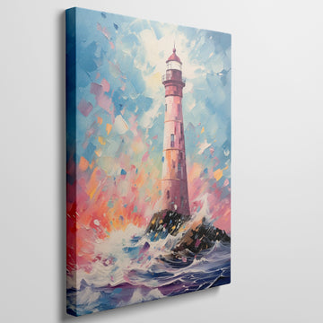 Framed canvas print of an abstract lighthouse and seascape with bold, vibrant colours