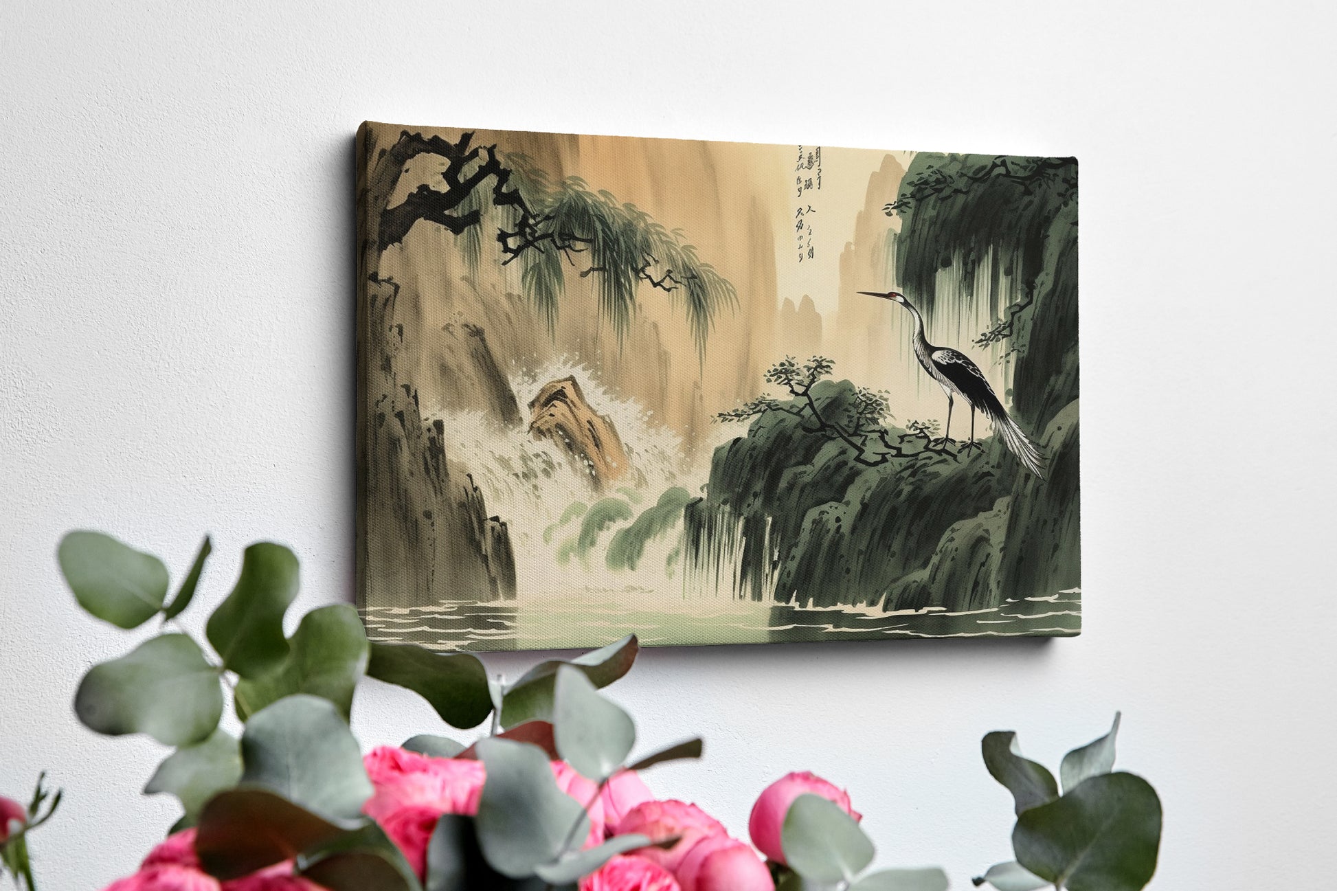 Framed canvas print of an Oriental crane beside a waterfall in traditional Chinese ink wash style