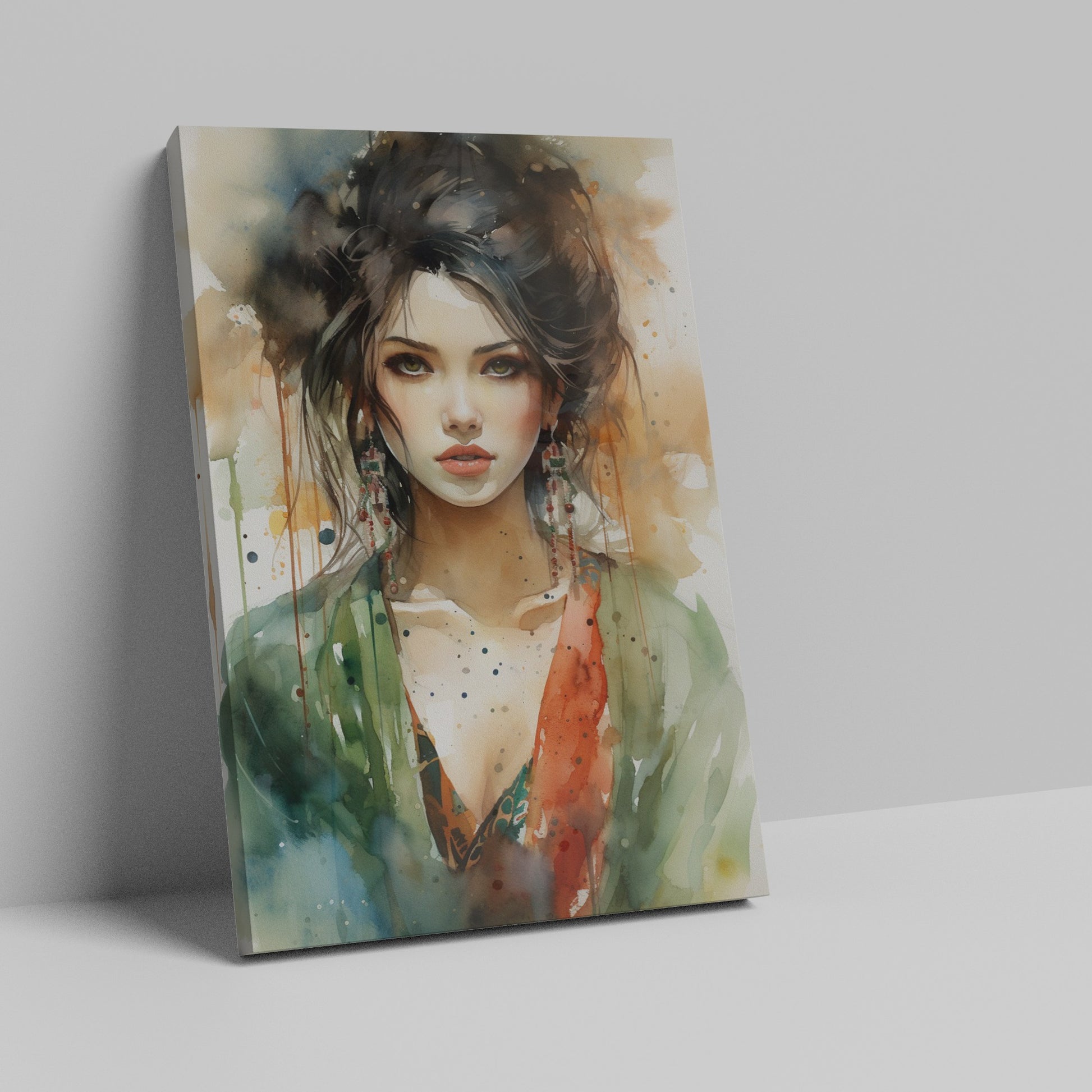 Framed canvas print of a watercolour portrait of a female with abstract elements