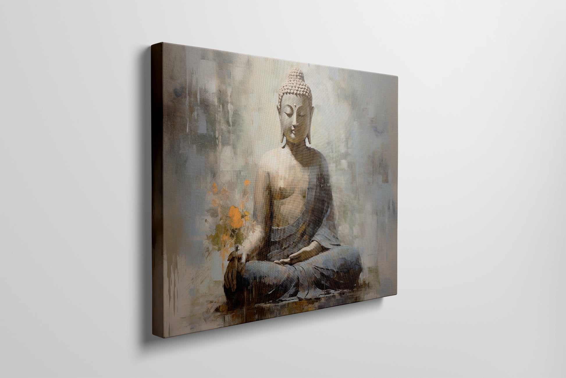 Framed canvas print of a serene meditative Buddha with abstract elements and earthy tones