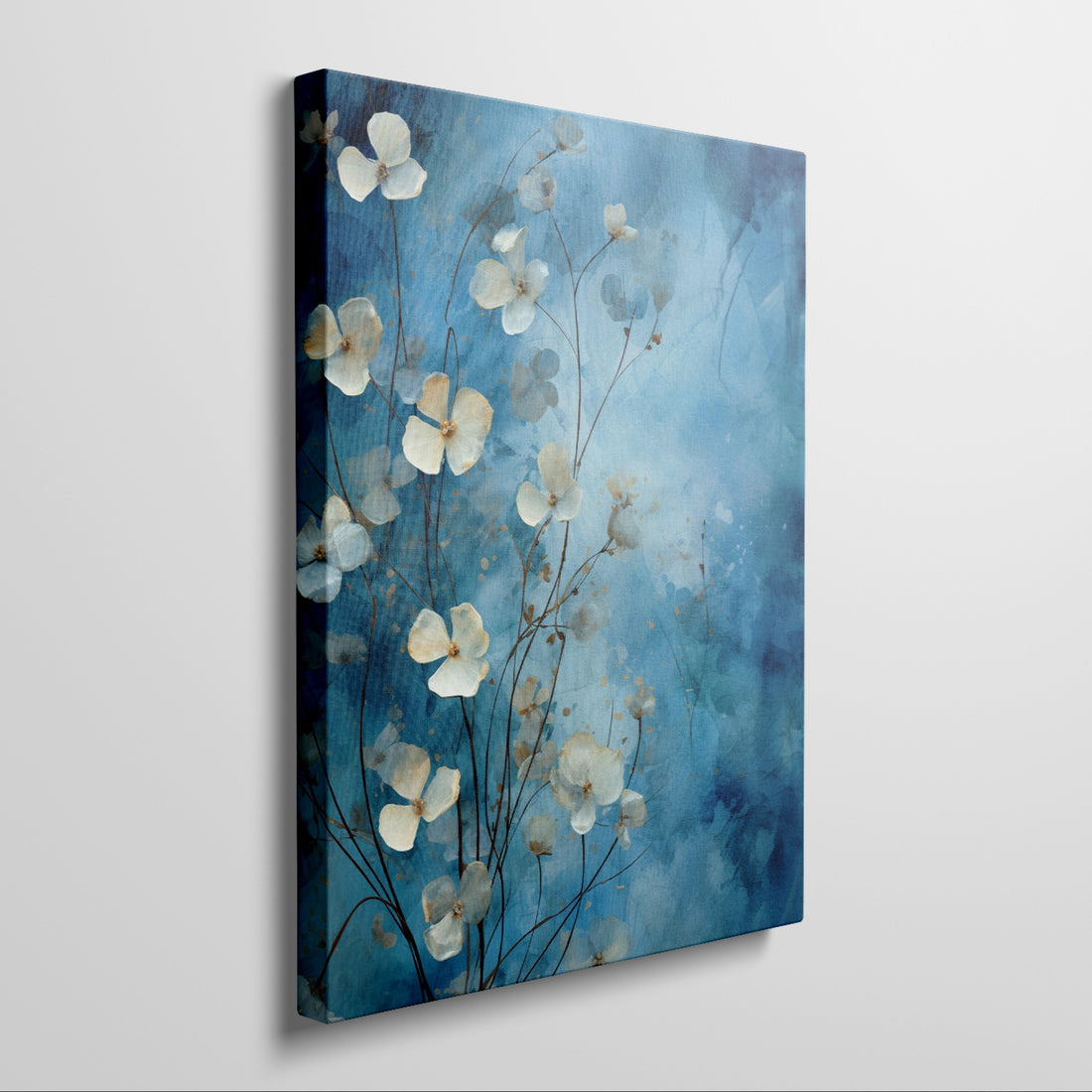 Framed canvas print of abstract blue flowers on a watercolour background