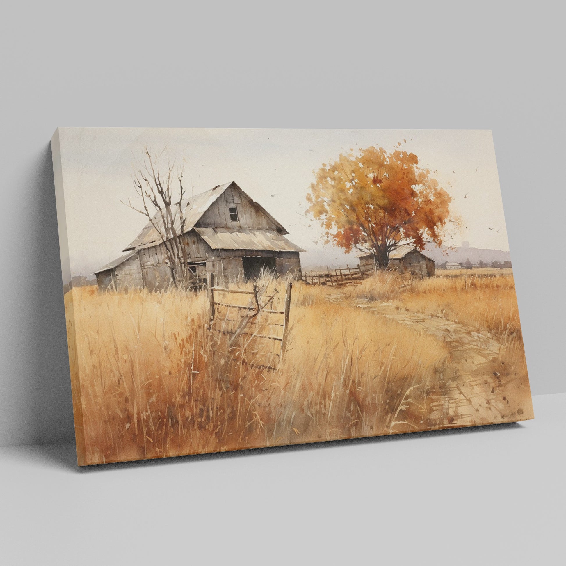 Framed canvas print of a rustic barn in autumn with golden fields and a leafy tree