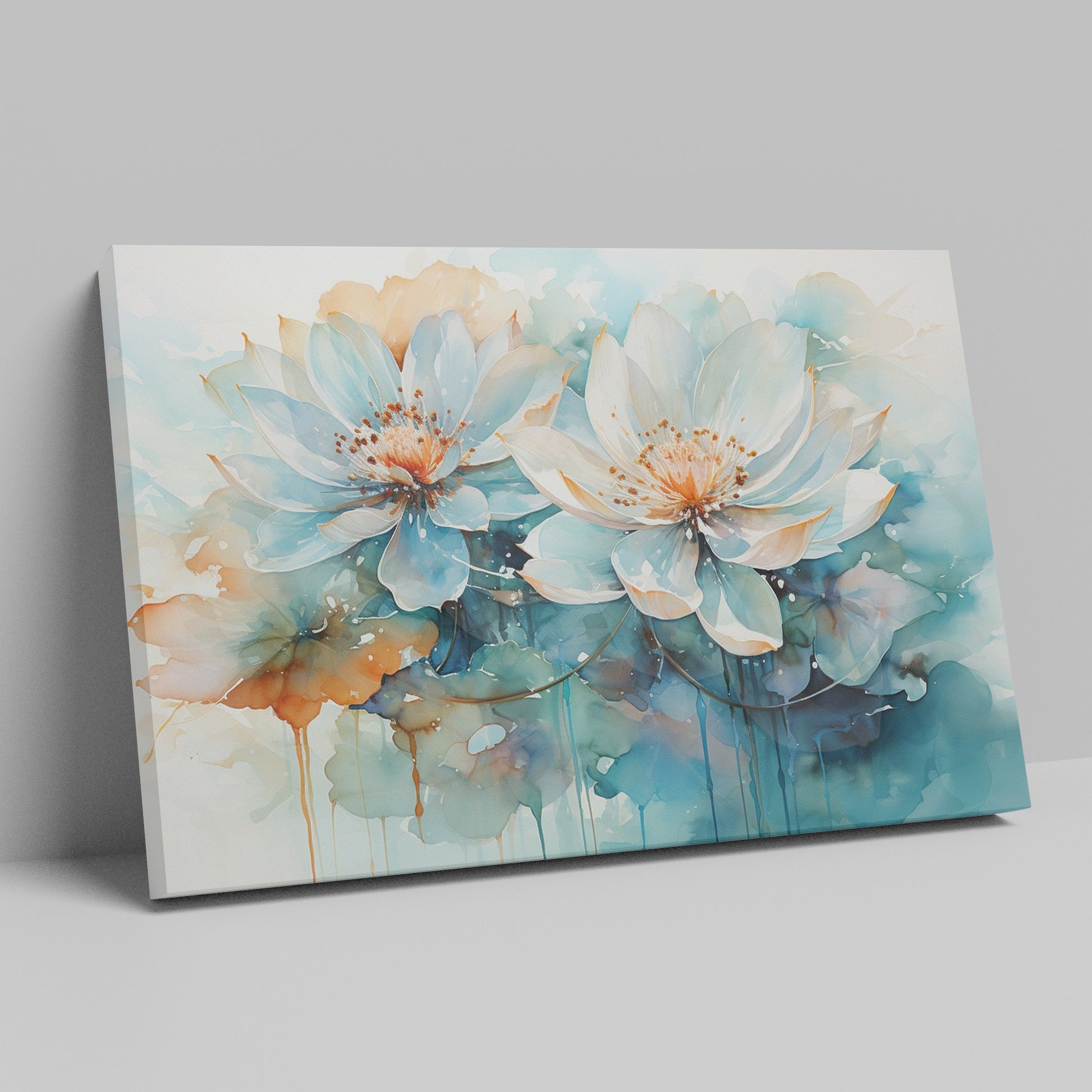 Framed canvas print of abstract watercolor lotus flowers with vibrant aquamarine and earth tones