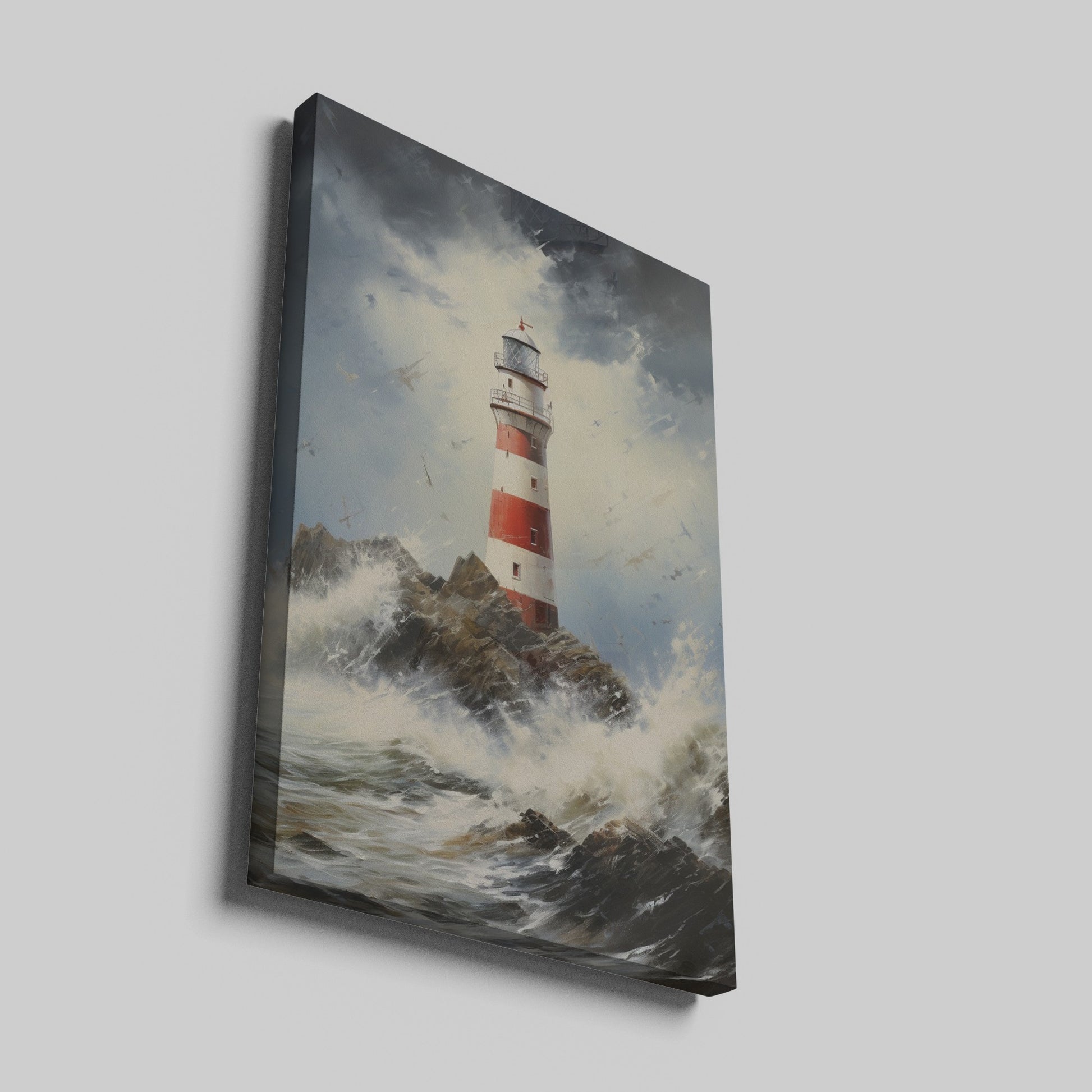 Framed canvas print of a lighthouse on rocky shores with turbulent waves and stormy sky