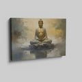 Framed canvas print of a serene Buddha in meditation with abstract golden backgrounds