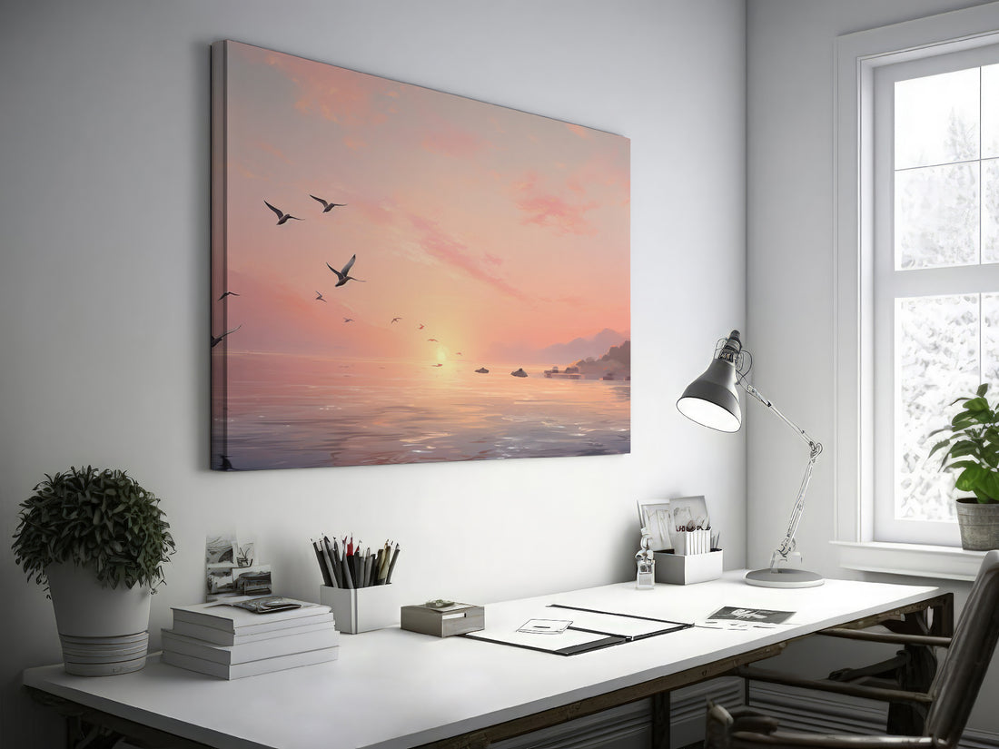 Framed canvas print of a serene seascape at sunset with flying birds and calm ocean waters