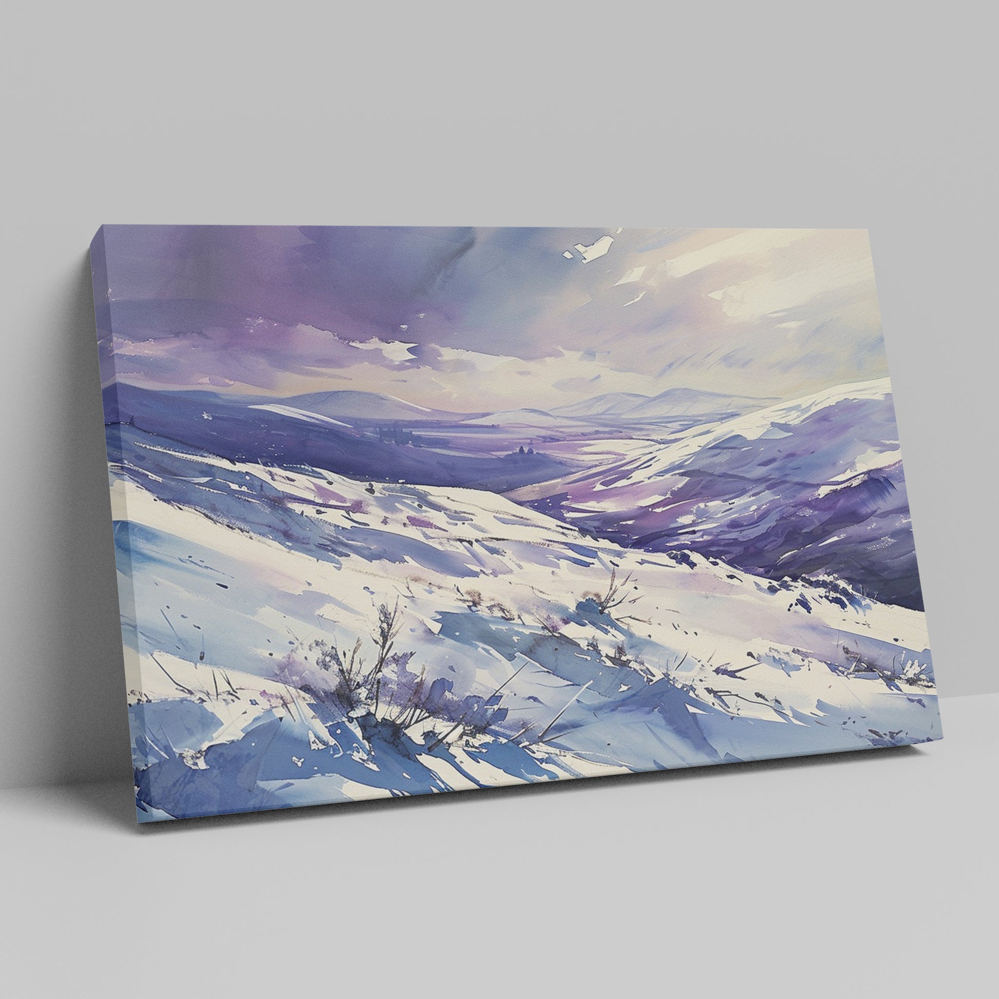 Framed canvas print of a snowy mountain landscape in watercolour with shades of purple and blue