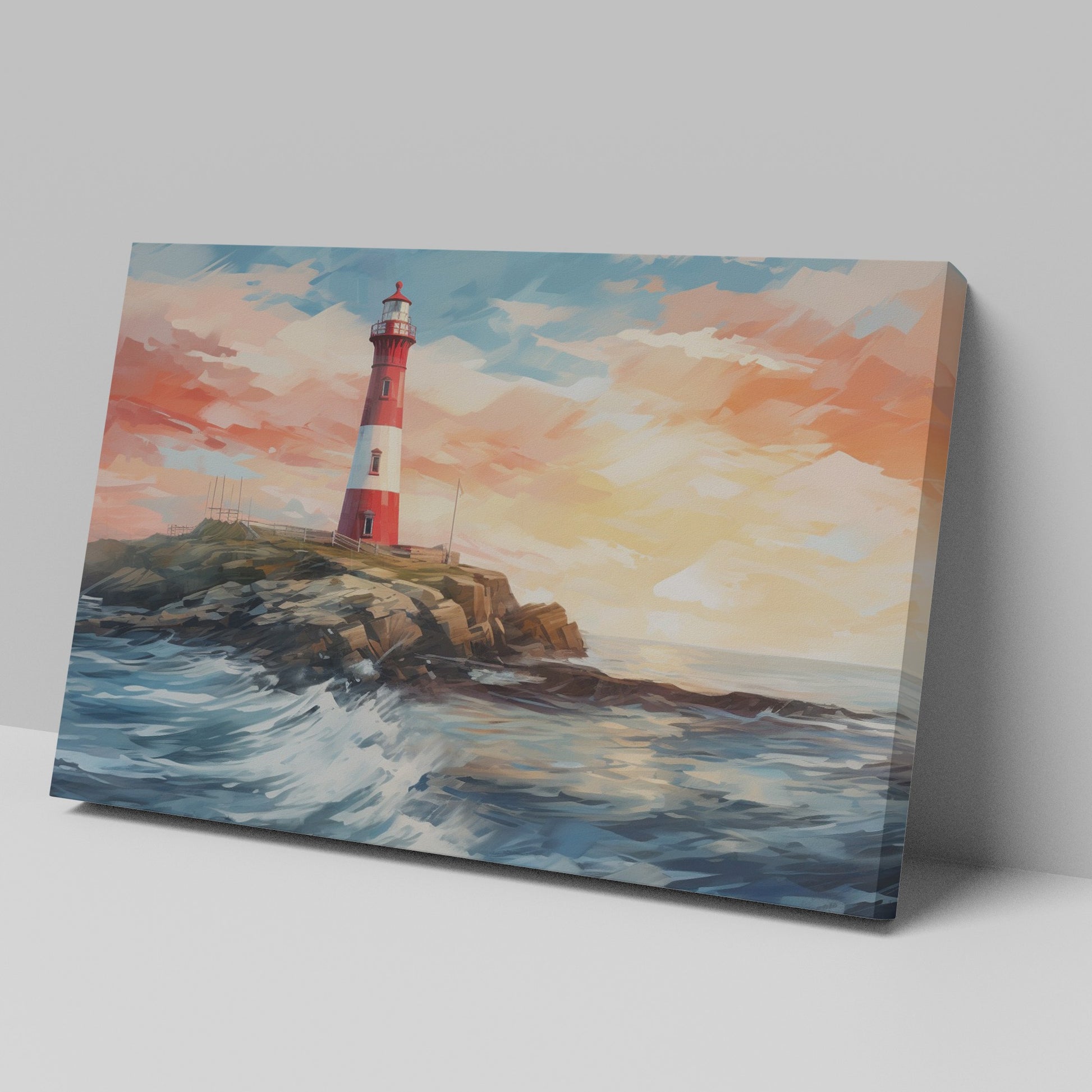 Framed canvas print of a vibrant sunset seascape with a red and white lighthouse on a cliff