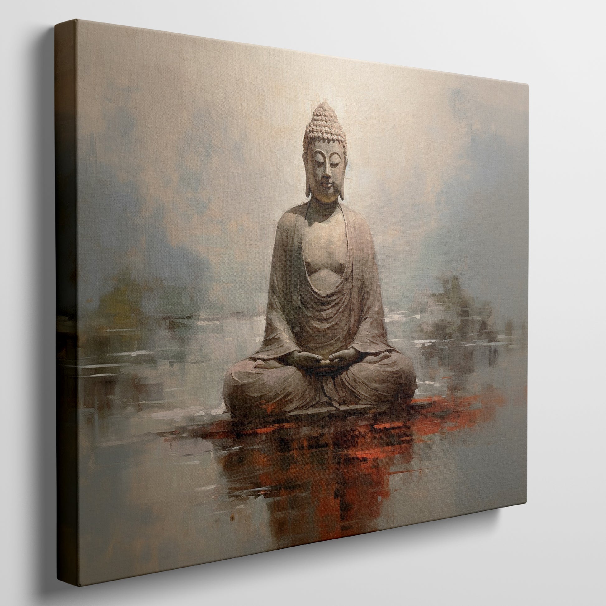 Framed canvas print of a meditative Buddha statue in warm earthy tones