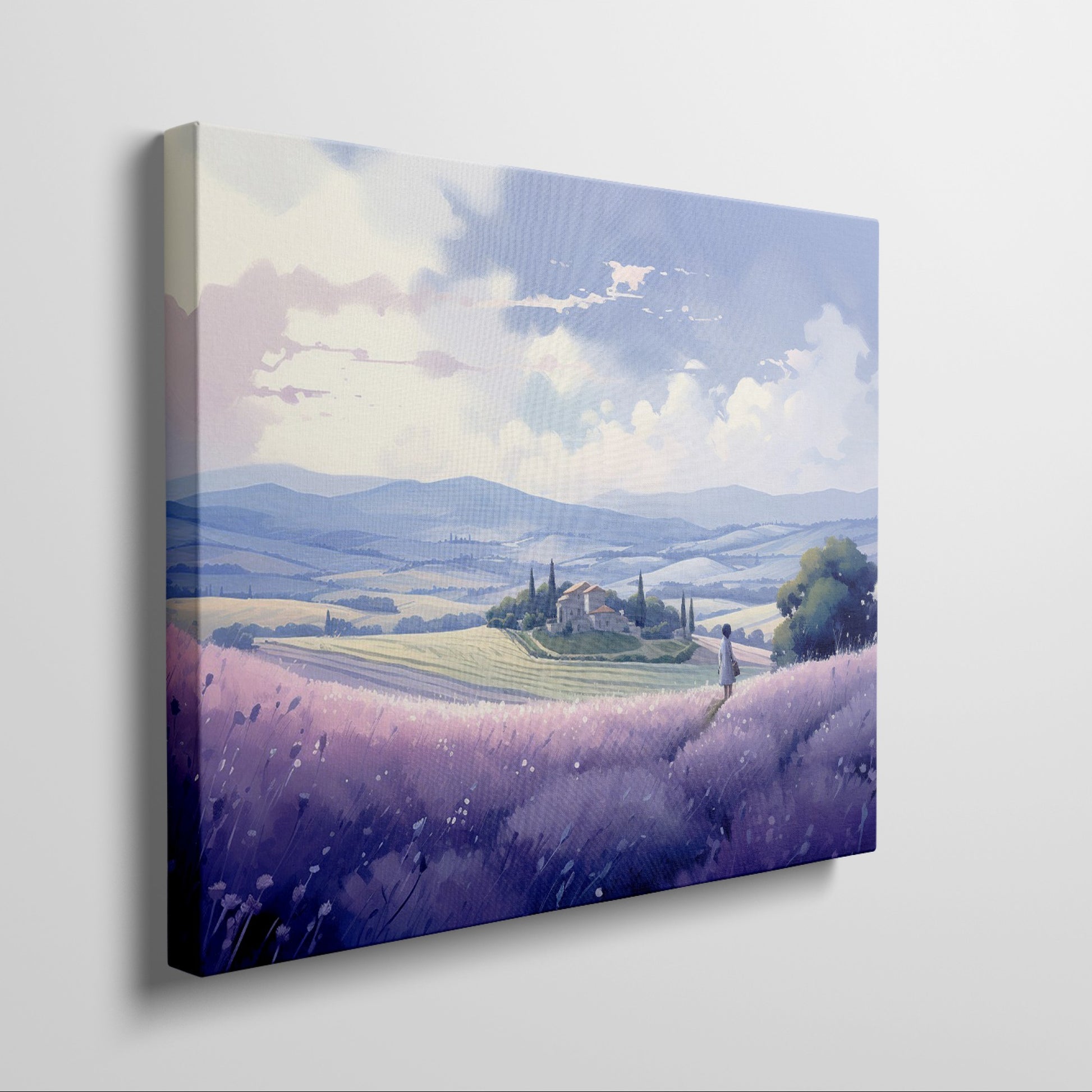 Framed canvas print of a scenic countryside with lavender fields and a rustic house