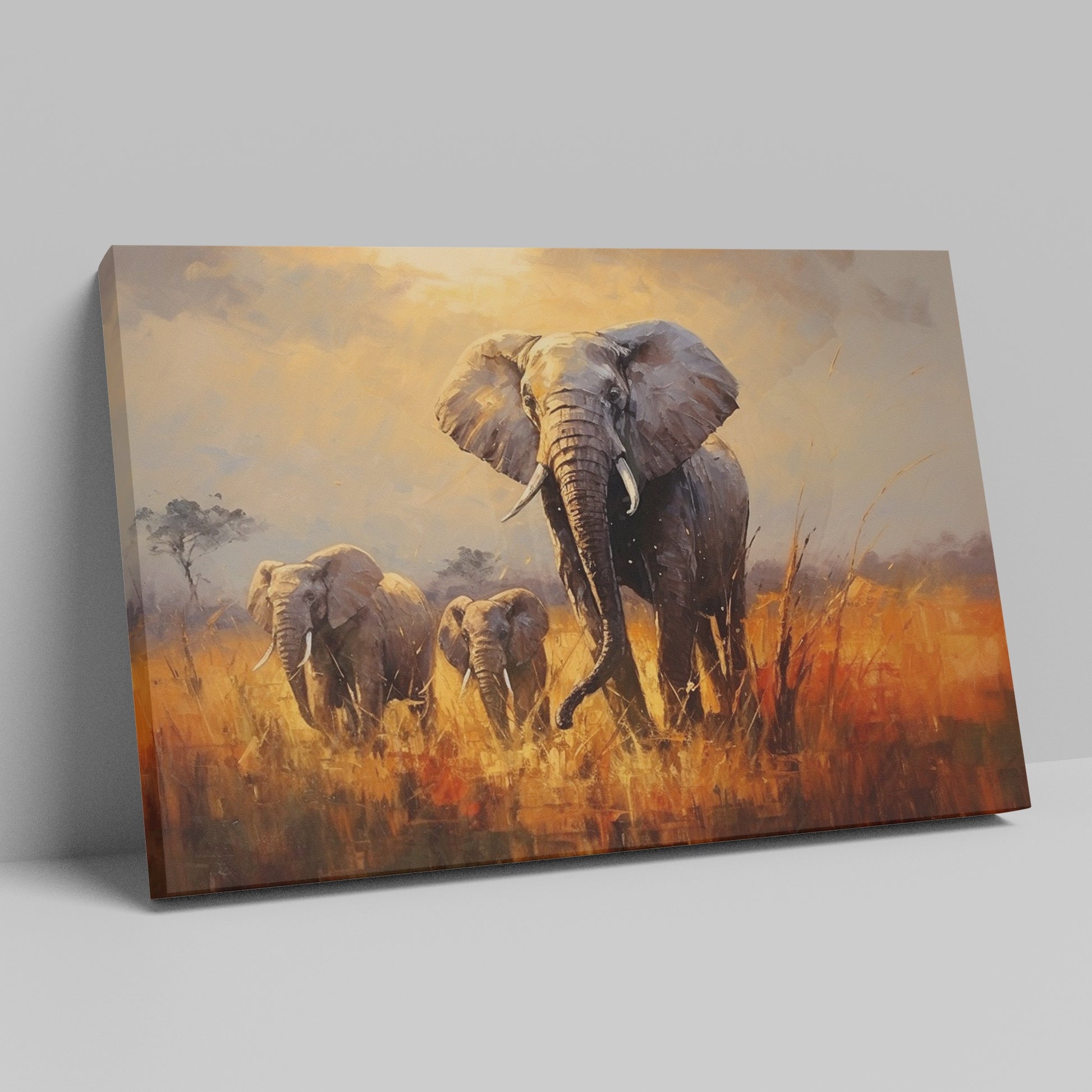 Framed canvas print of a family of elephants in a vibrant, golden savannah sunset