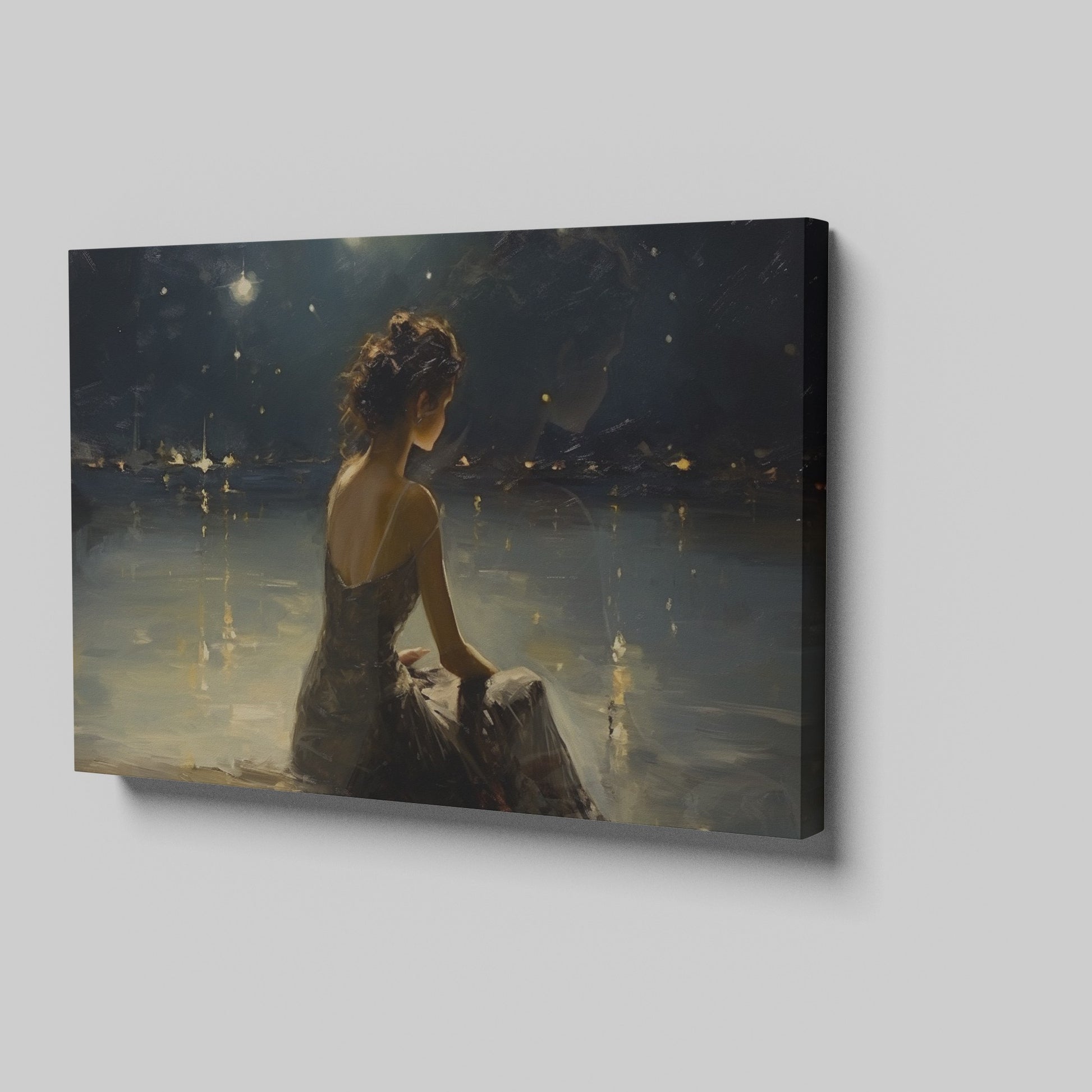 Framed canvas print of a woman in an evening dress admiring the reflective waters on a tranquil night