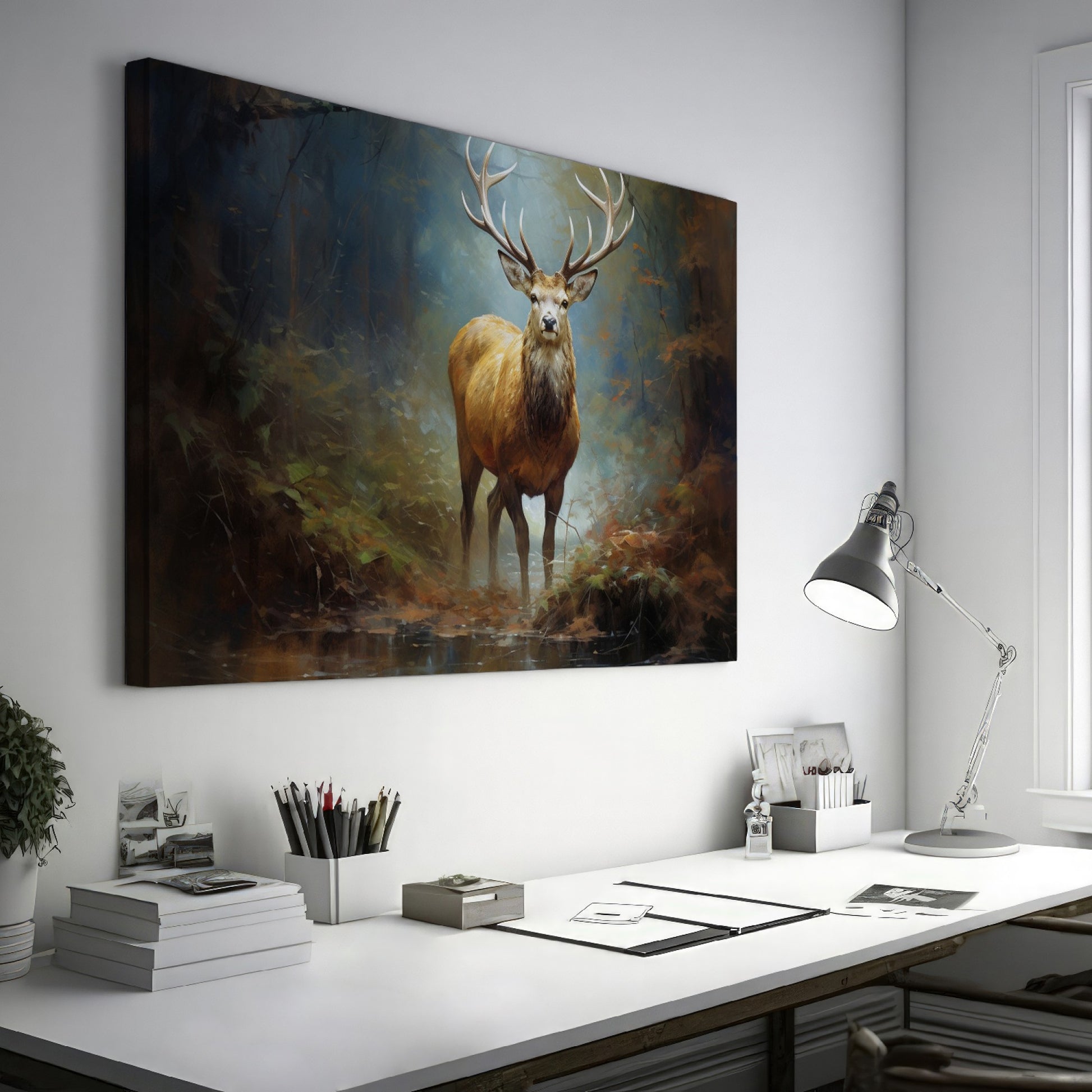 Framed canvas print of a majestic stag in an autumnal forest with rich earthy colours