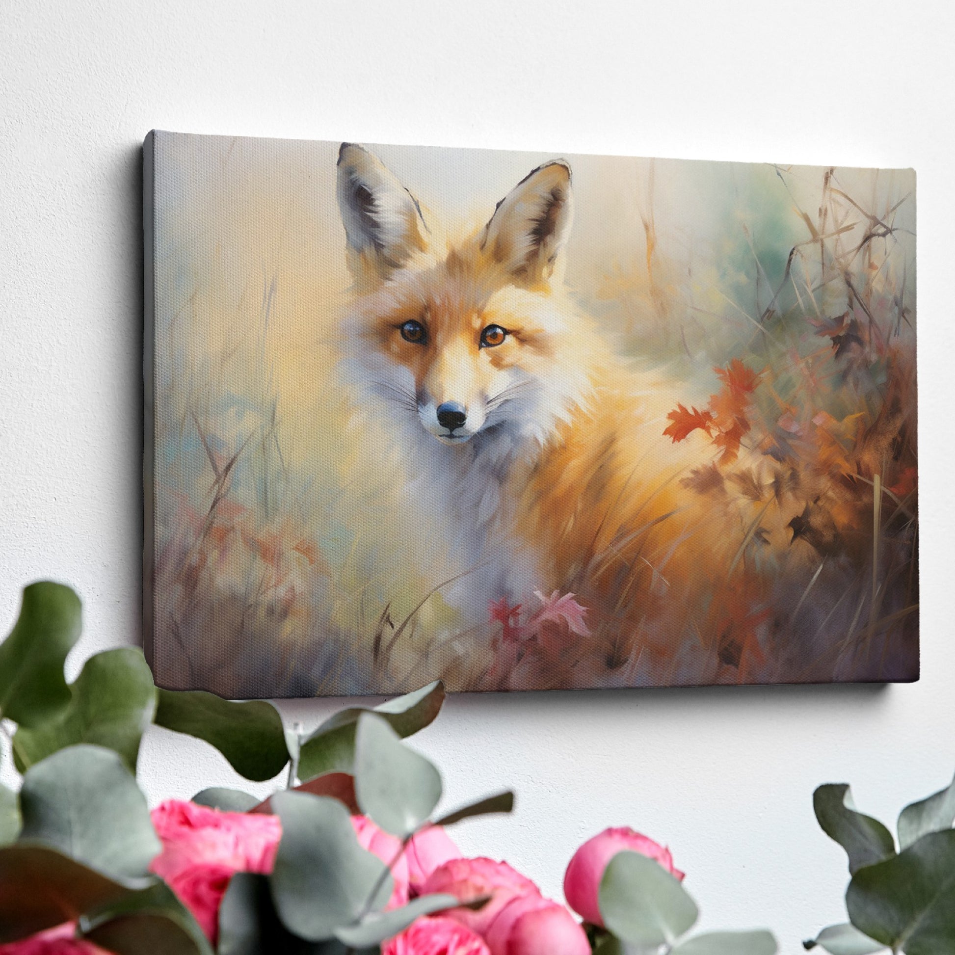 Framed canvas print of an autumn fox in a rustic impressionistic style with warm amber and ochre tones