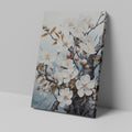 Framed canvas print of a meticulously illustrated cherry blossom branch with white flowers on a pale blue background.