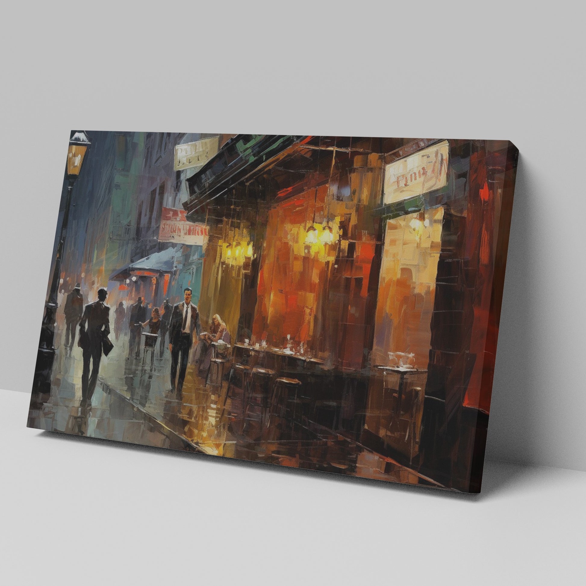 Framed canvas print of a rainy evening cityscape with warm glowing lights and reflections