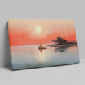 Framed canvas print of a sailboat on calm waters with sunrise and warm hues