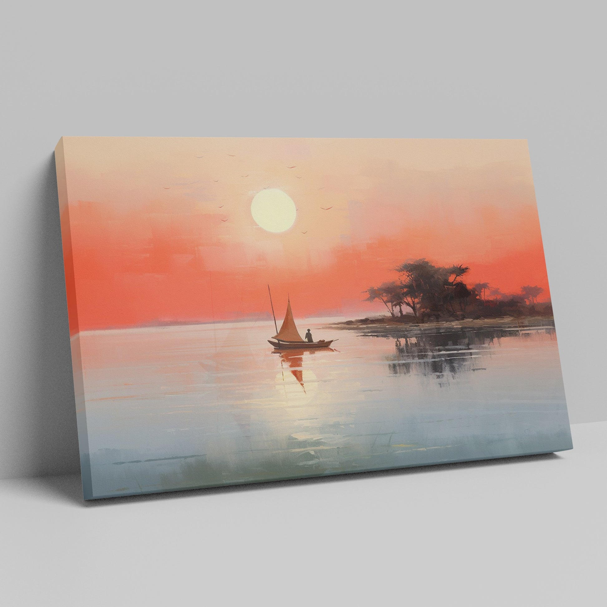 Framed canvas print of a sailboat on calm waters with sunrise and warm hues