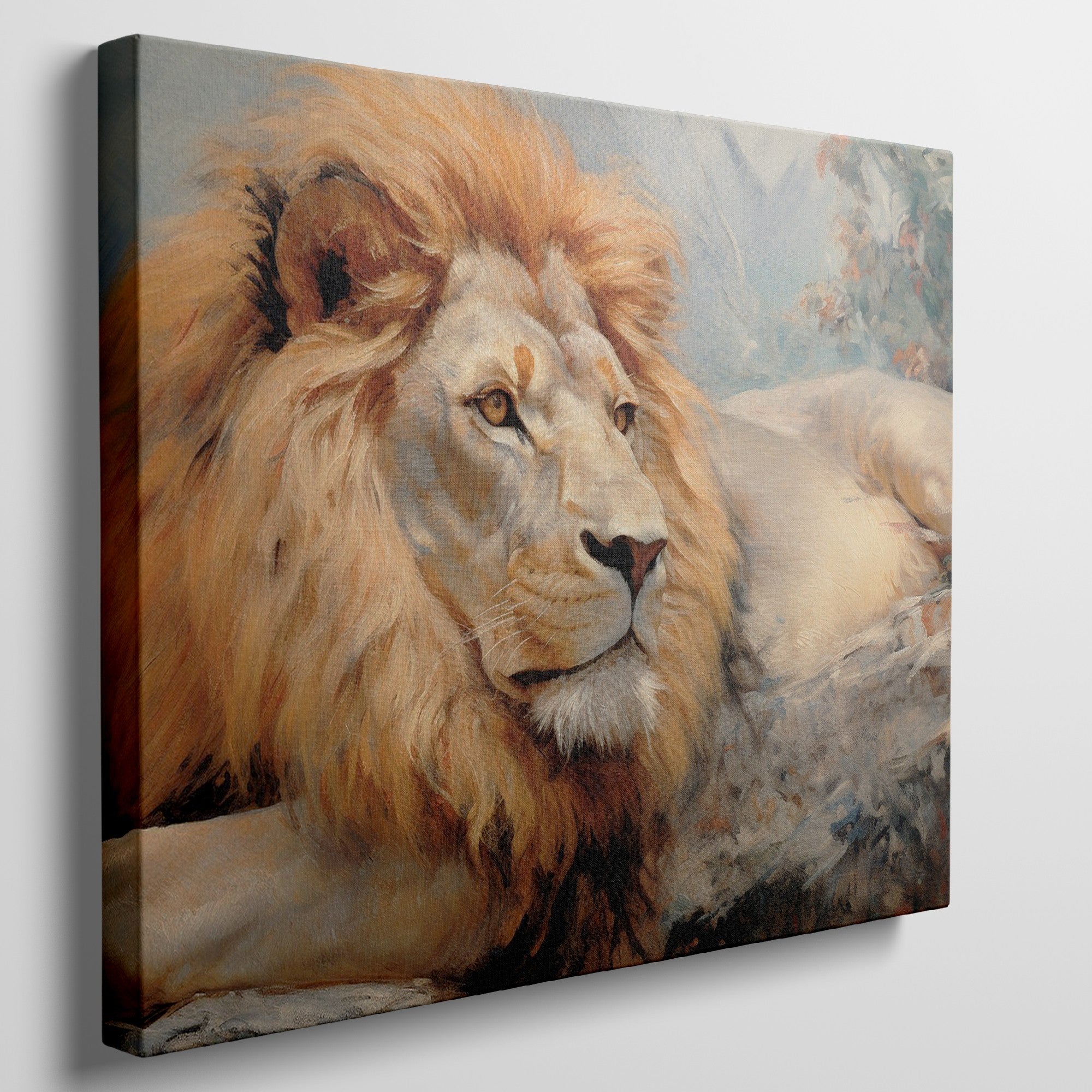 Framed canvas print of a realistic African lion resting, with warm colour tones and detailed texture