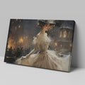 Framed canvas print of an elegant Victorian lady in a dress with Parisian night background